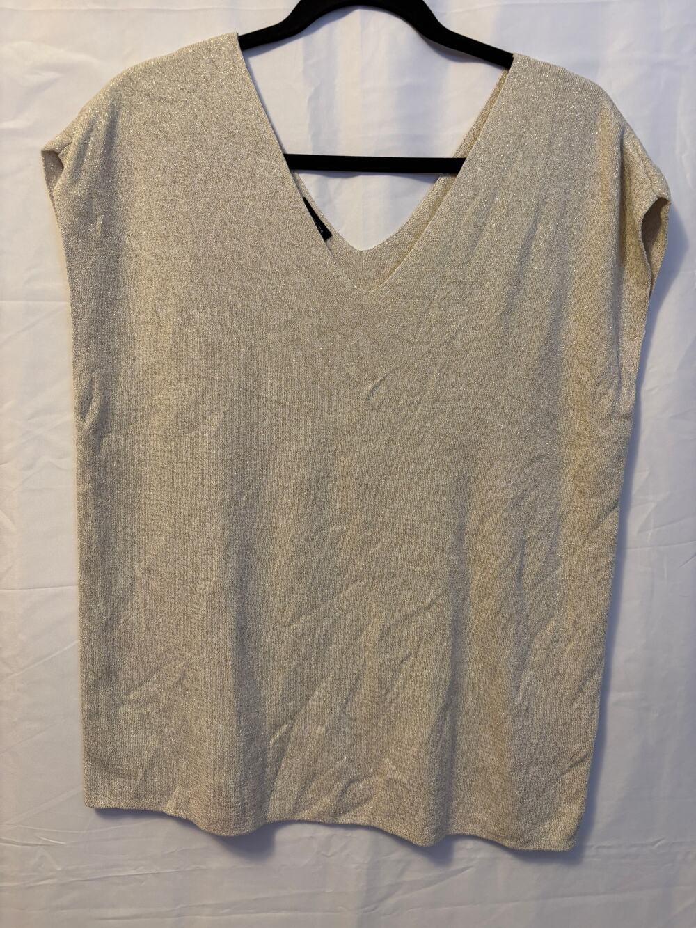 New Talbots Metallic Knit Boxy Top Cream Gold V-Neck Cap Sleeve Sz XL Womens